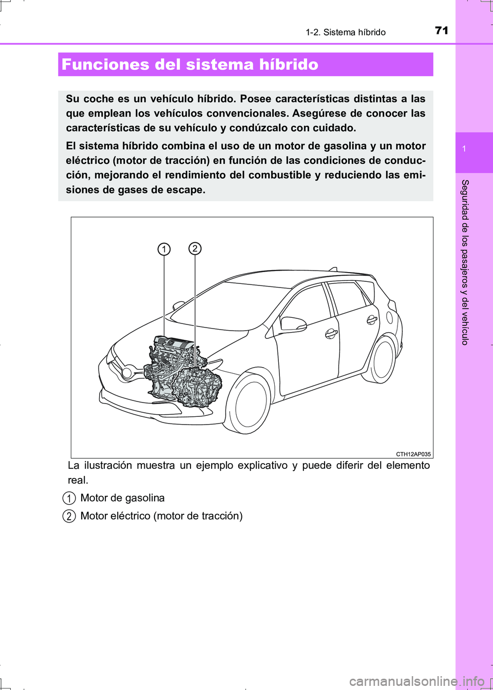 TOYOTA AURIS HYBRID 2017 Manual del propietario (in Spanish) 71
1
Seguridad de los pasajeros y del vehículo
UK_AURIS_HV_HB_ES (OM12L10S)
1-2. Sistema híbrido
La ilustración muestra un ejemplo explicativo y puede diferir del elemento
real.
Motor de gasolina
M TOYOTA AURIS HYBRID 2017 Manual del propietario (in Spanish) 71
1
Seguridad de los pasajeros y del vehículo
UK_AURIS_HV_HB_ES (OM12L10S)
1-2. Sistema híbrido
La ilustración muestra un ejemplo explicativo y puede diferir del elemento
real.
Motor de gasolina
M