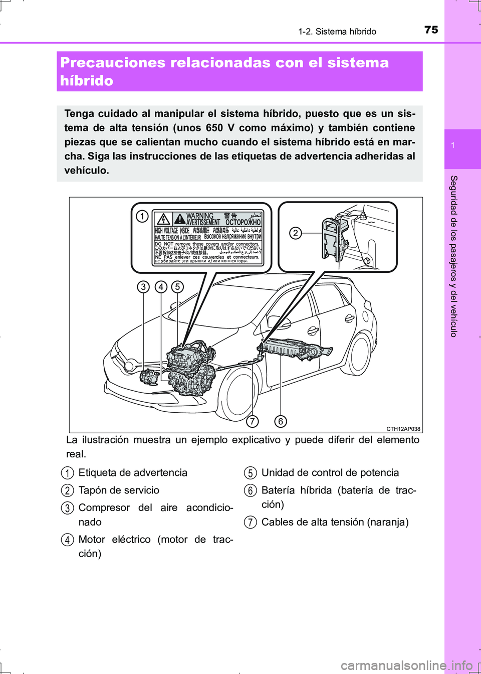 TOYOTA AURIS HYBRID 2017 Manual del propietario (in Spanish) 751-2. Sistema híbrido
1
Seguridad de los pasajeros y del vehículo
UK_AURIS_HV_HB_ES (OM12L10S)
La ilustración muestra un ejemplo explicativo y puede diferir del elemento
real.
Precauciones relacio TOYOTA AURIS HYBRID 2017 Manual del propietario (in Spanish) 751-2. Sistema híbrido
1
Seguridad de los pasajeros y del vehículo
UK_AURIS_HV_HB_ES (OM12L10S)
La ilustración muestra un ejemplo explicativo y puede diferir del elemento
real.
Precauciones relacio