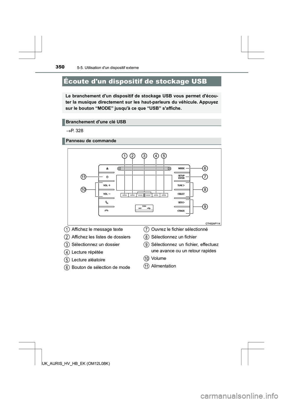 TOYOTA AURIS HYBRID 2017 Manuel du propriétaire (in French) 3505-5. Utilisation dun dispositif externe
UK_AURIS_HV_HB_EK (OM12L08K)
P. 328
Écoute dun dispositif de stockage USB
Le branchement dun dispositif de stockage USB vous permet décou-
ter la m TOYOTA AURIS HYBRID 2017 Manuel du propriétaire (in French) 3505-5. Utilisation dun dispositif externe
UK_AURIS_HV_HB_EK (OM12L08K)
P. 328
Écoute dun dispositif de stockage USB
Le branchement dun dispositif de stockage USB vous permet décou-
ter la m