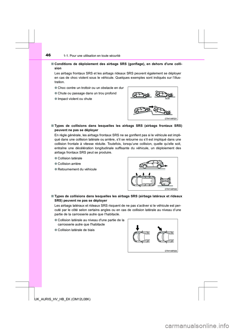 TOYOTA AURIS HYBRID 2017  Manuel du propriétaire (in French) 461-1. Pour une utilisation en toute sécurité
UK_AURIS_HV_HB_EK (OM12L08K) 
■ Conditions de déploiement des airbags SRS (gonflage), en dehors dune colli- 
sion  
Les airbags frontaux SRS et les 