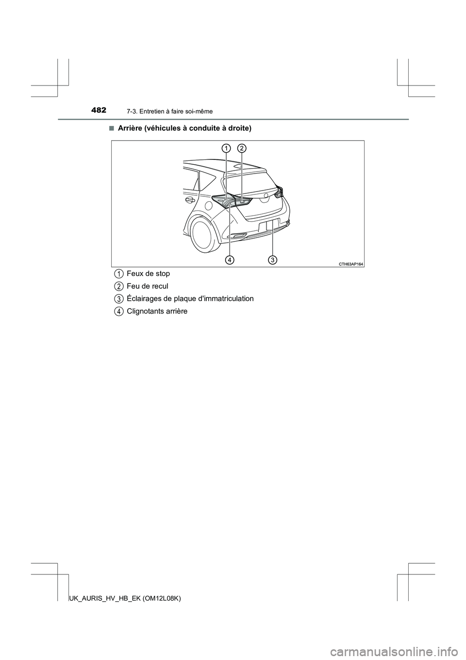 TOYOTA AURIS HYBRID 2017  Manuel du propriétaire (in French) 4827-3. Entretien à faire soi-même
UK_AURIS_HV_HB_EK (OM12L08K) 
■Arrière (véhicules à conduite à droite)
Feux de stop 
Feu de recul 
Éclairages de plaque dimmatriculation
Clignotants arriè