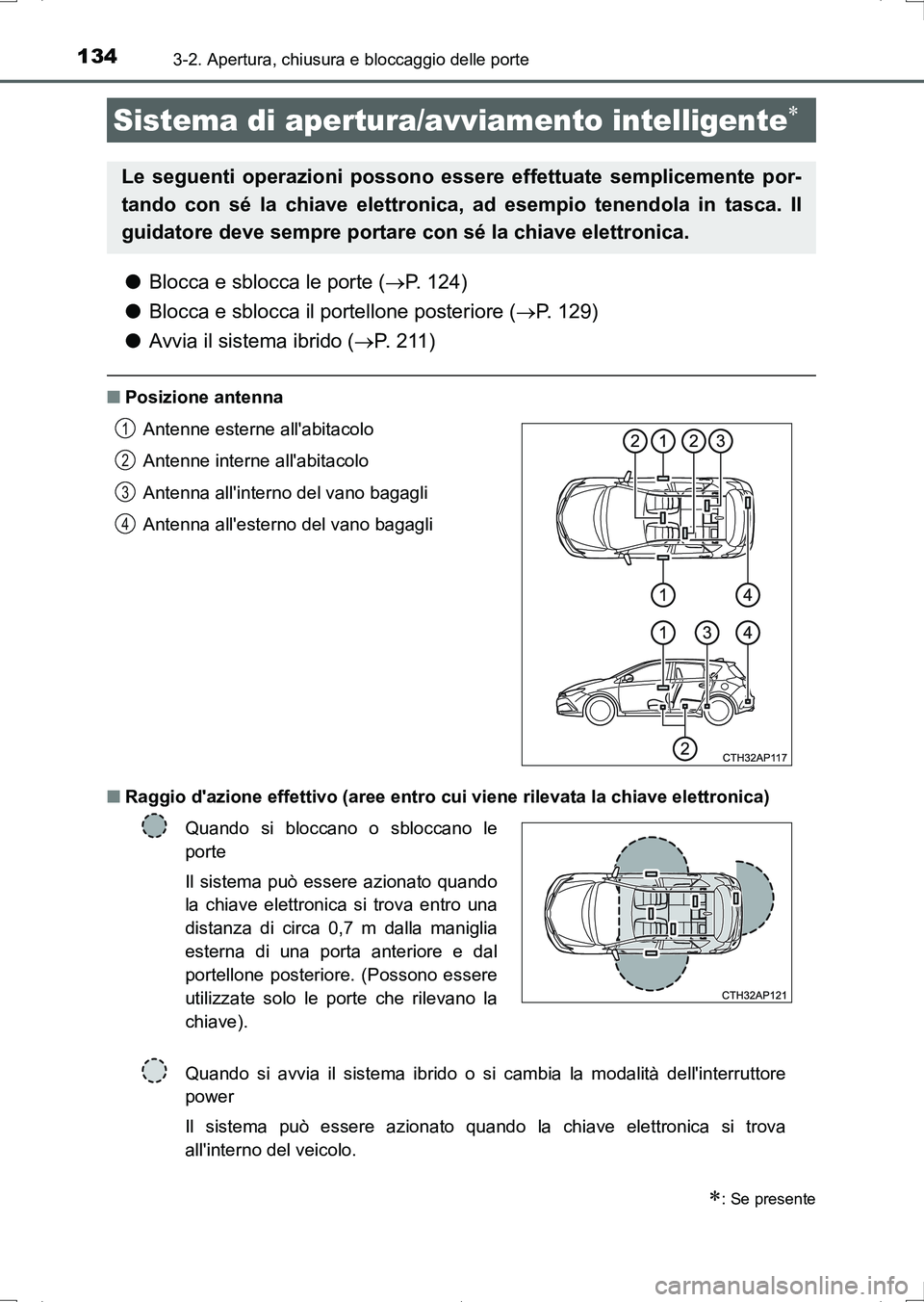 TOYOTA AURIS HYBRID 2017 Manuale duso (in Italian) 1343-2. Apertura, chiusura e bloccaggio delle porte
UK_AURIS_HV_HB_EL (OM12L11L)
●Blocca e sblocca le porte (P. 124)
●Blocca e sblocca il portellone posteriore (P. 129)
●Avvia il sistema i TOYOTA AURIS HYBRID 2017 Manuale duso (in Italian) 1343-2. Apertura, chiusura e bloccaggio delle porte
UK_AURIS_HV_HB_EL (OM12L11L)
●Blocca e sblocca le porte (P. 124)
●Blocca e sblocca il portellone posteriore (P. 129)
●Avvia il sistema i