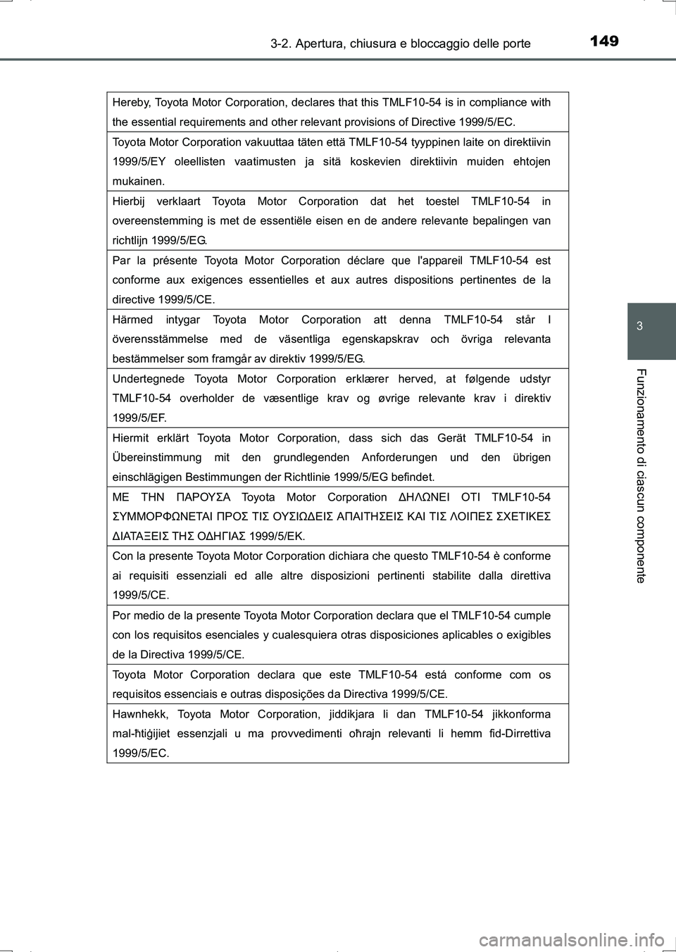 TOYOTA AURIS HYBRID 2017  Manuale duso (in Italian) 1493-2. Apertura, chiusura e bloccaggio delle porte
3
Funzionamento di ciascun componente
UK_AURIS_HV_HB_EL (OM12L11L)
Hereby, Toyota Motor Corporation, declares that this TMLF10-54 is in compliance w