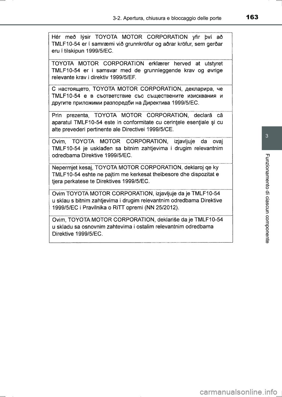 TOYOTA AURIS HYBRID 2017  Manuale duso (in Italian) 1633-2. Apertura, chiusura e bloccaggio delle porte
3
Funzionamento di ciascun componente
UK_AURIS_HV_HB_EL (OM12L11L)
UK AURIS_HV_HB_OM_Italian_OM12L11L.book  163 ページ  ２０１６年６月２