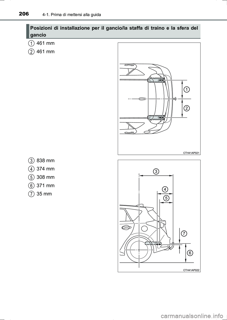 TOYOTA AURIS HYBRID 2017 Manuale duso (in Italian) 2064-1. Prima di mettersi alla guida
UK_AURIS_HV_HB_EL (OM12L11L)
461 mm
461 mm
838 mm
374 mm
308 mm
371 mm
35 mm
Posizioni di installazione per il gancio/la staffa di traino e la sfera del
gancio
1
2 TOYOTA AURIS HYBRID 2017 Manuale duso (in Italian) 2064-1. Prima di mettersi alla guida
UK_AURIS_HV_HB_EL (OM12L11L)
461 mm
461 mm
838 mm
374 mm
308 mm
371 mm
35 mm
Posizioni di installazione per il gancio/la staffa di traino e la sfera del
gancio
1
2