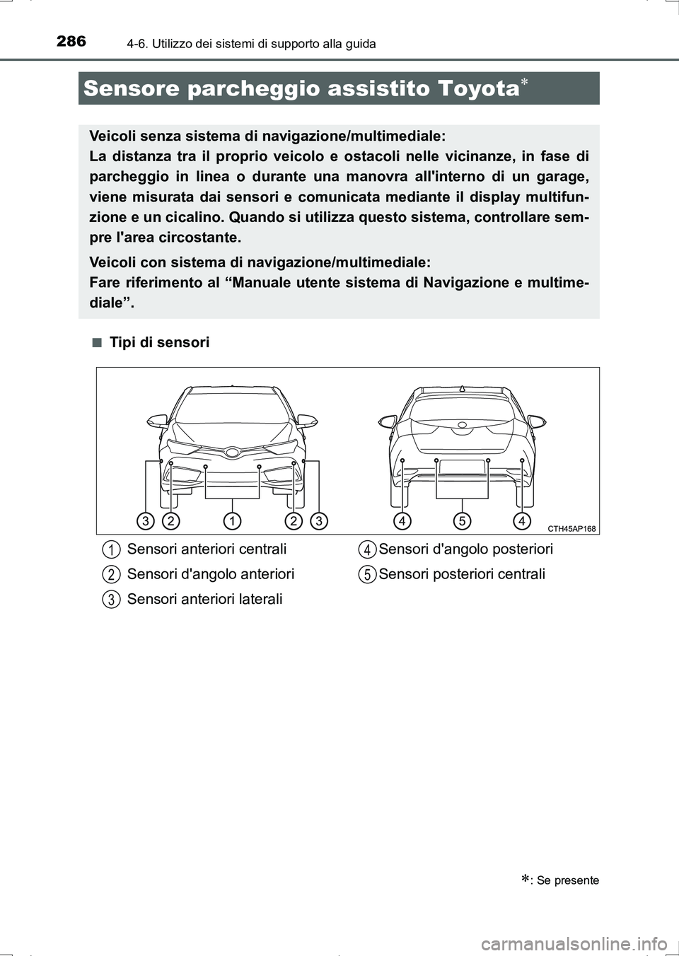 TOYOTA AURIS HYBRID 2017 Manuale duso (in Italian) 2864-6. Utilizzo dei sistemi di supporto alla guida
UK_AURIS_HV_HB_EL (OM12L11L)■
Tipi di sensori
Sensore parcheggio assistito Toyota
: Se presente
Veicoli senza sistema di navigazione/multime TOYOTA AURIS HYBRID 2017 Manuale duso (in Italian) 2864-6. Utilizzo dei sistemi di supporto alla guida
UK_AURIS_HV_HB_EL (OM12L11L)■
Tipi di sensori
Sensore parcheggio assistito Toyota
: Se presente
Veicoli senza sistema di navigazione/multime