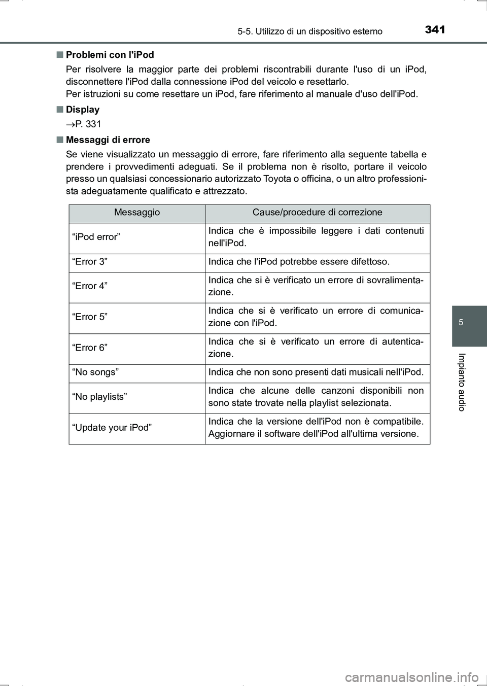 TOYOTA AURIS HYBRID 2017  Manuale duso (in Italian) 3415-5. Utilizzo di un dispositivo esterno
5
Impianto audio
UK_AURIS_HV_HB_EL (OM12L11L)■Problemi con liPod
Per risolvere la maggior parte dei problemi riscontrabili durante luso di un iPod,
disco