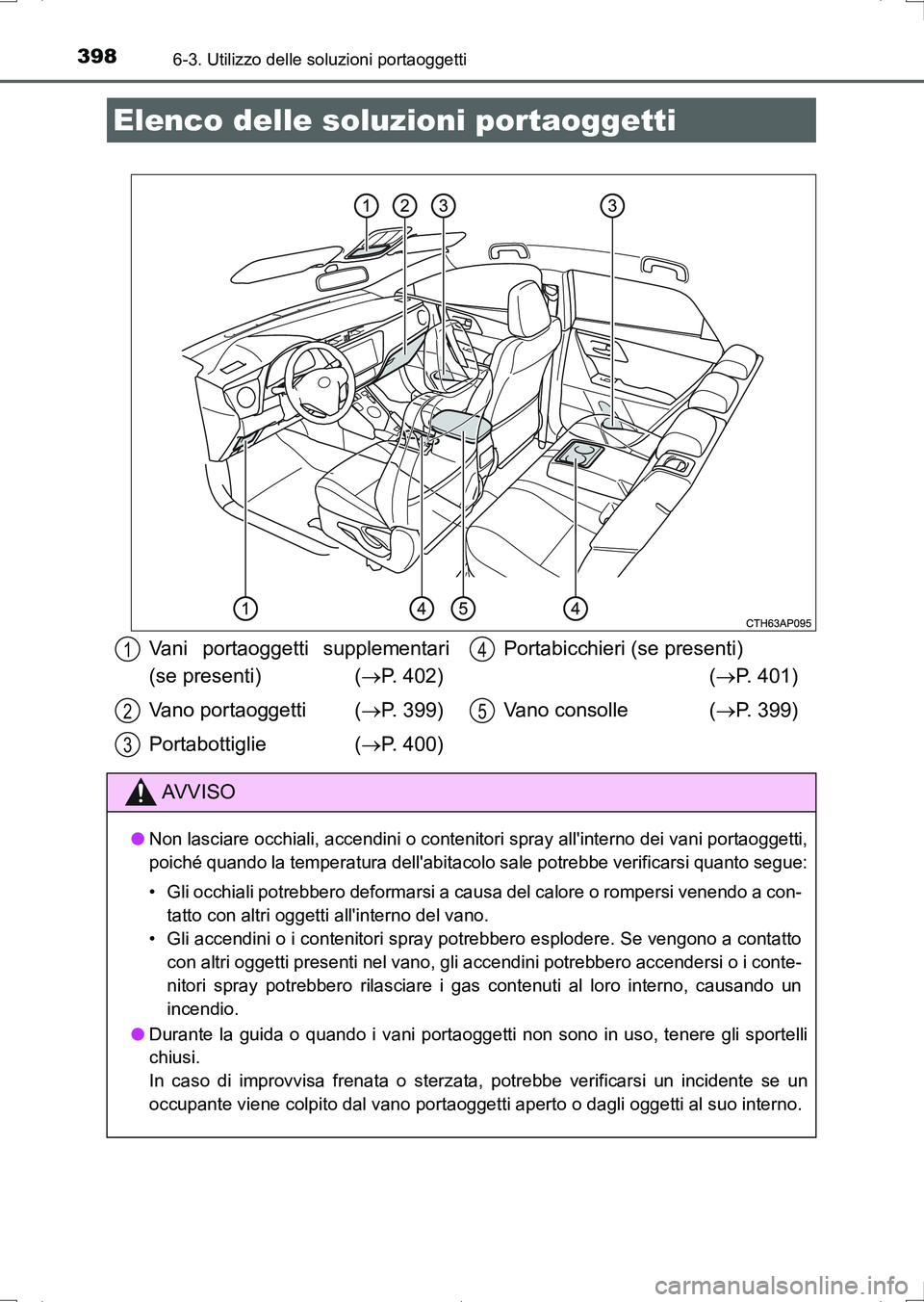 TOYOTA AURIS HYBRID 2017 Manuale duso (in Italian) 398
UK_AURIS_HV_HB_EL (OM12L11L)
6-3. Utilizzo delle soluzioni portaoggetti
Elenco delle soluzioni portaoggetti
Vani portaoggetti supplementari
(se presenti) (P. 402)
Vano portaoggetti (P. 399 TOYOTA AURIS HYBRID 2017 Manuale duso (in Italian) 398
UK_AURIS_HV_HB_EL (OM12L11L)
6-3. Utilizzo delle soluzioni portaoggetti
Elenco delle soluzioni portaoggetti
Vani portaoggetti supplementari
(se presenti) (P. 402)
Vano portaoggetti (P. 399