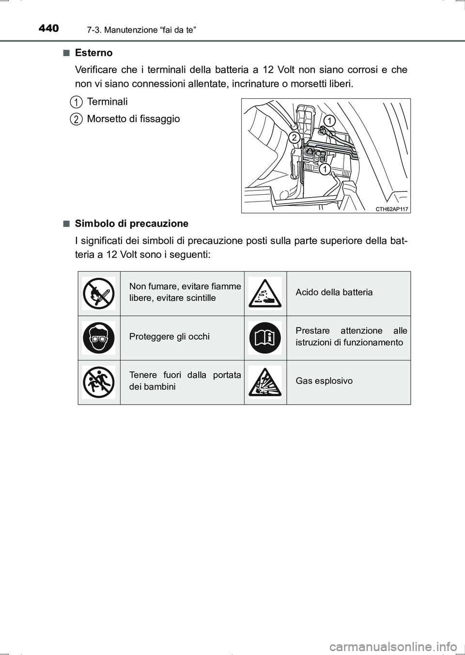TOYOTA AURIS HYBRID 2017 Manuale duso (in Italian) 4407-3. Manutenzione “fai da te”
UK_AURIS_HV_HB_EL (OM12L11L)■
Esterno
Verificare che i terminali della batteria a 12 Volt non siano corrosi e che
non vi siano connessioni allentate, incrinature TOYOTA AURIS HYBRID 2017 Manuale duso (in Italian) 4407-3. Manutenzione “fai da te”
UK_AURIS_HV_HB_EL (OM12L11L)■
Esterno
Verificare che i terminali della batteria a 12 Volt non siano corrosi e che
non vi siano connessioni allentate, incrinature