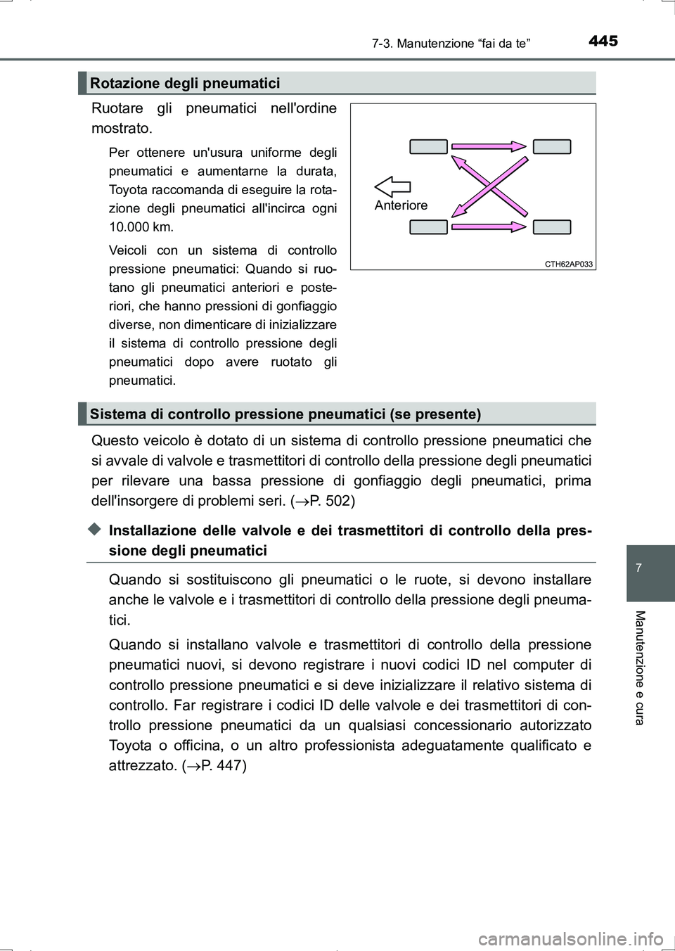 TOYOTA AURIS HYBRID 2017 Manuale duso (in Italian) 4457-3. Manutenzione “fai da te”
7
Manutenzione e cura
UK_AURIS_HV_HB_EL (OM12L11L)
Ruotare gli pneumatici nellordine
mostrato.
Per ottenere unusura uniforme degli
pneumatici e aumentarne la dur TOYOTA AURIS HYBRID 2017 Manuale duso (in Italian) 4457-3. Manutenzione “fai da te”
7
Manutenzione e cura
UK_AURIS_HV_HB_EL (OM12L11L)
Ruotare gli pneumatici nellordine
mostrato.
Per ottenere unusura uniforme degli
pneumatici e aumentarne la dur
