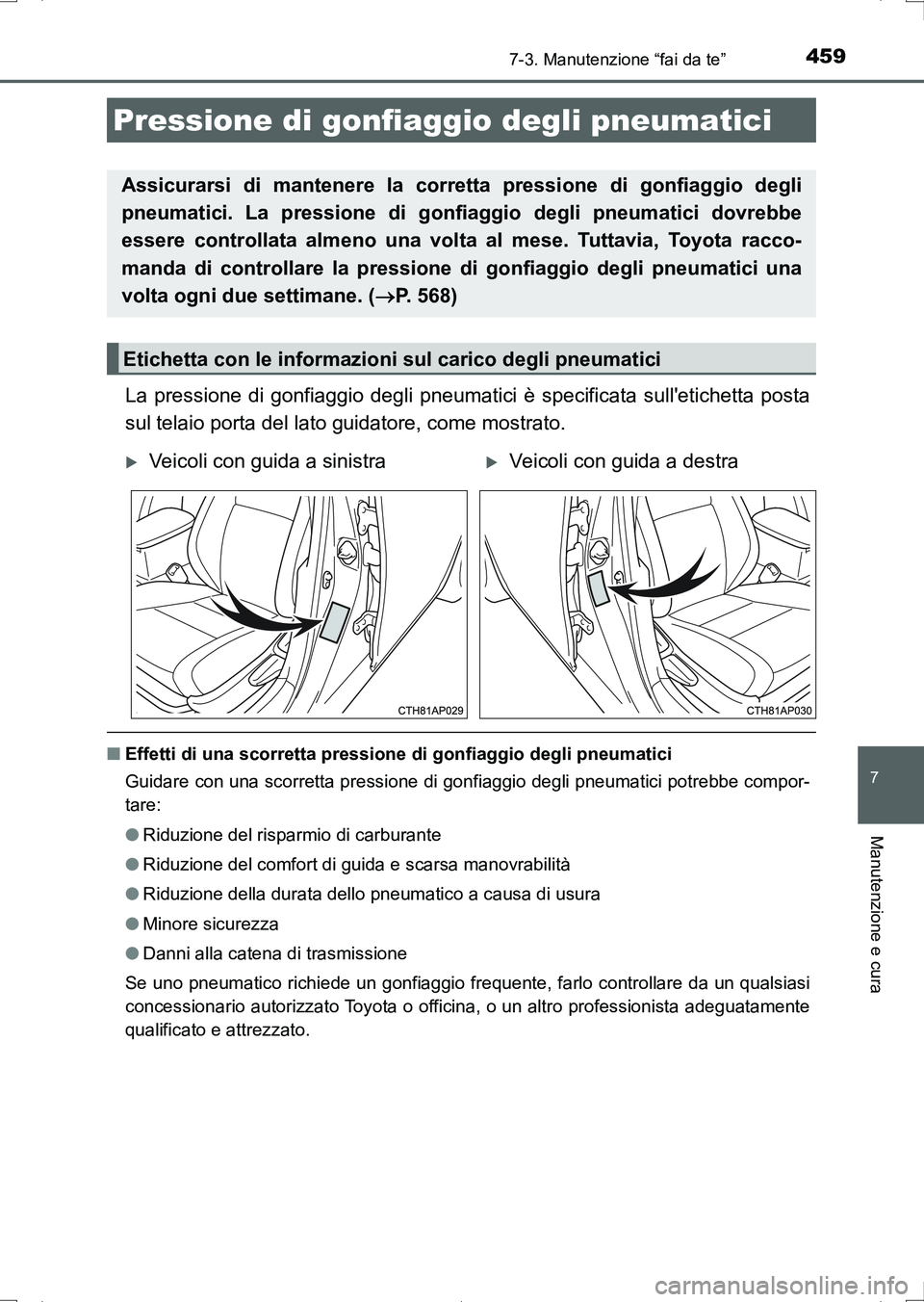 TOYOTA AURIS HYBRID 2017 Manuale duso (in Italian) 4597-3. Manutenzione “fai da te”
7
Manutenzione e cura
UK_AURIS_HV_HB_EL (OM12L11L)
La pressione di gonfiaggio degli pneumatici è specificata sulletichetta posta
sul telaio porta del lato guidat TOYOTA AURIS HYBRID 2017 Manuale duso (in Italian) 4597-3. Manutenzione “fai da te”
7
Manutenzione e cura
UK_AURIS_HV_HB_EL (OM12L11L)
La pressione di gonfiaggio degli pneumatici è specificata sulletichetta posta
sul telaio porta del lato guidat
