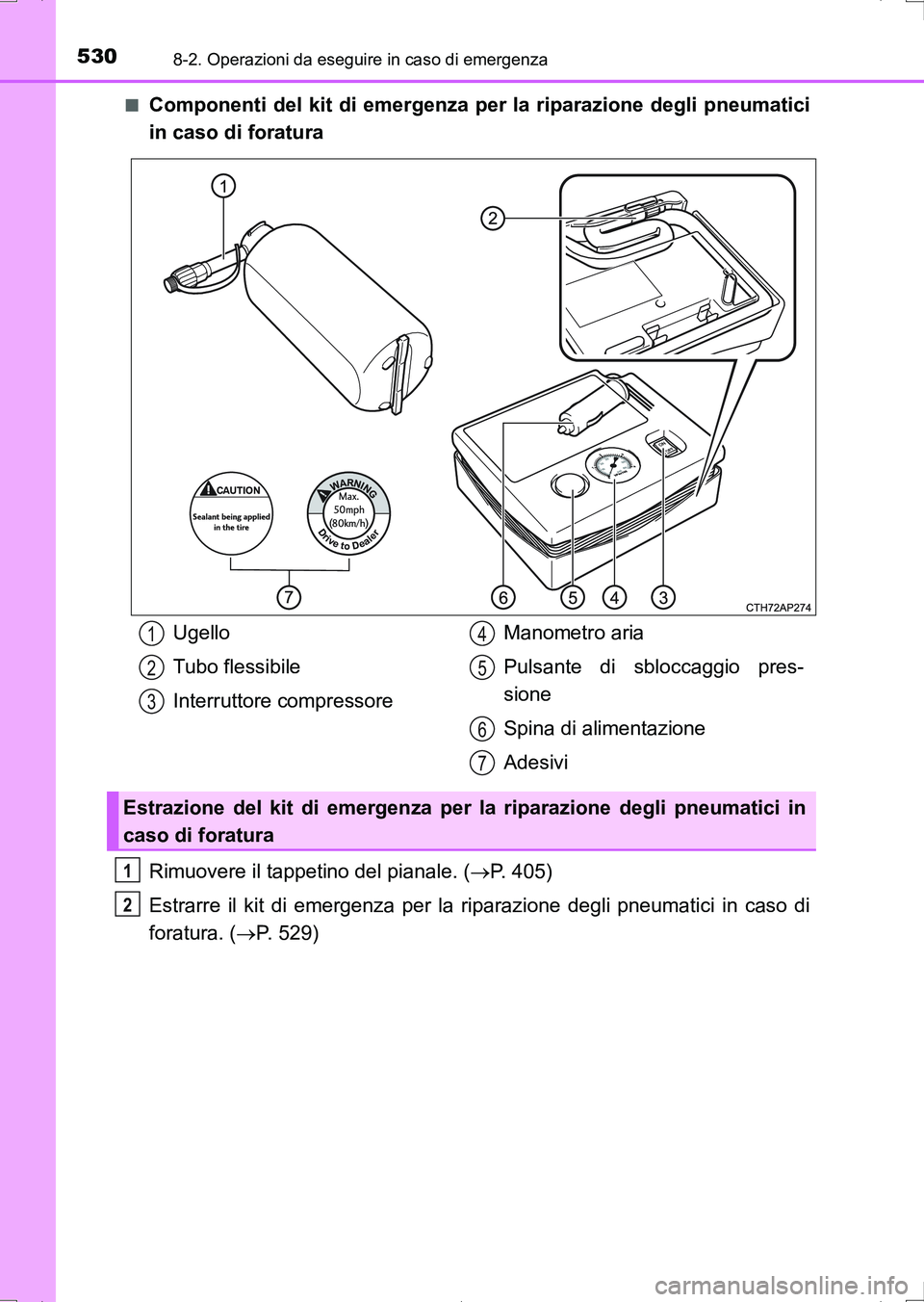 TOYOTA AURIS HYBRID 2017 Manuale duso (in Italian) 5308-2. Operazioni da eseguire in caso di emergenza
UK_AURIS_HV_HB_EL (OM12L11L)■
Componenti del kit di emergenza per la riparazione degli pneumatici
in caso di foratura
Rimuovere il tappetino del p TOYOTA AURIS HYBRID 2017 Manuale duso (in Italian) 5308-2. Operazioni da eseguire in caso di emergenza
UK_AURIS_HV_HB_EL (OM12L11L)■
Componenti del kit di emergenza per la riparazione degli pneumatici
in caso di foratura
Rimuovere il tappetino del p