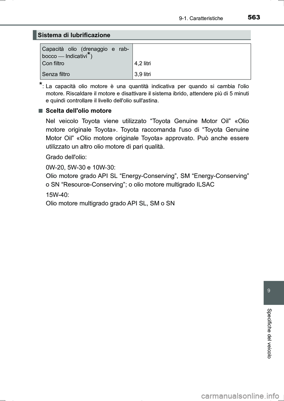 TOYOTA AURIS HYBRID 2017  Manuale duso (in Italian) 563
9
9-1. Caratteristiche
Specifiche del veicolo
UK_AURIS_HV_HB_EL (OM12L11L)
*: La capacità olio motore è una quantità indicativa per quando si cambia lolio
motore. Riscaldare il motore e disatt