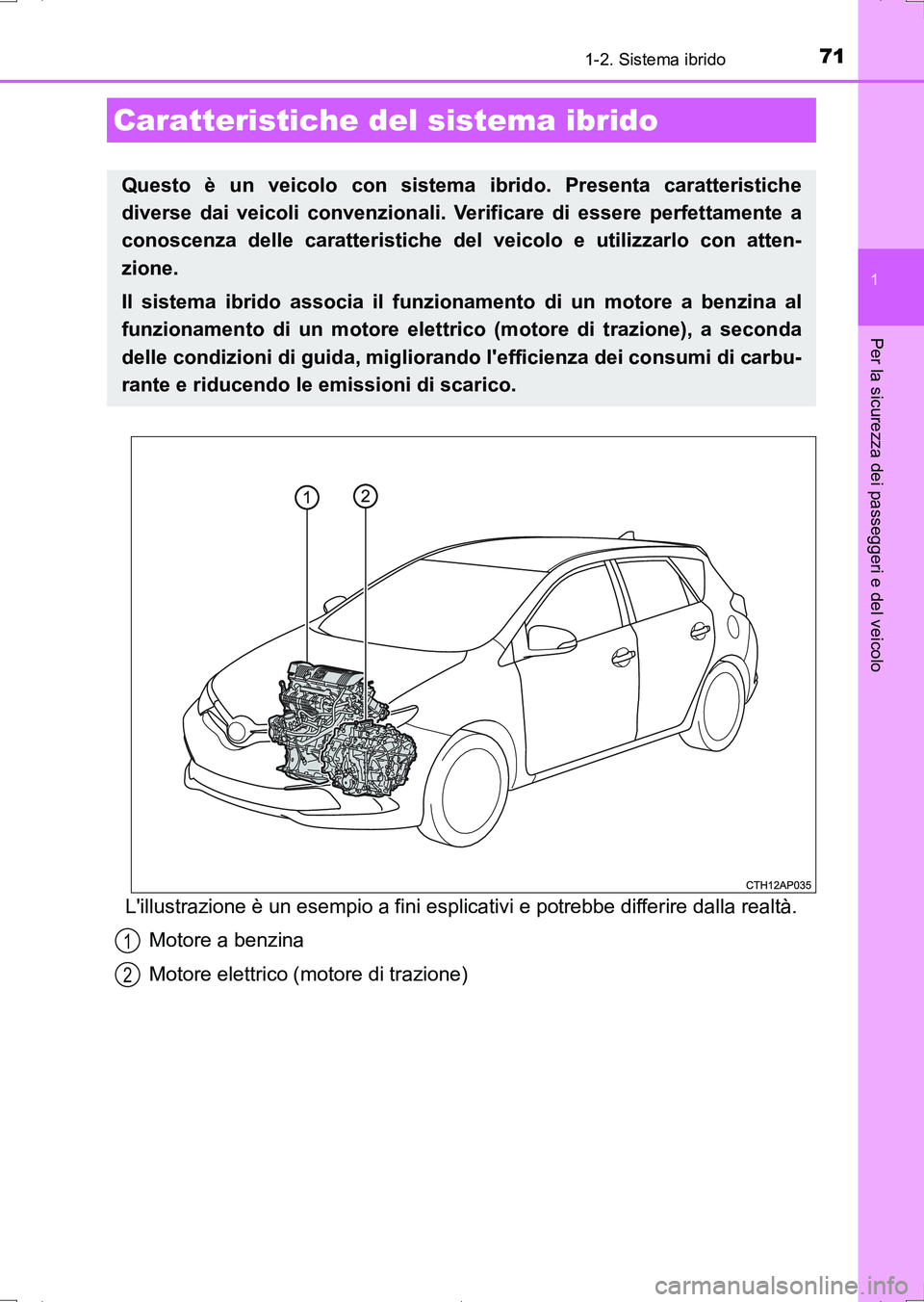 TOYOTA AURIS HYBRID 2017  Manuale duso (in Italian) 71
1
Per la sicurezza dei passeggeri e del veicolo
UK_AURIS_HV_HB_EL (OM12L11L)
1-2. Sistema ibrido
Lillustrazione è un esempio a fini esplicativi e potrebbe differire dalla realtà.
Motore a benzin