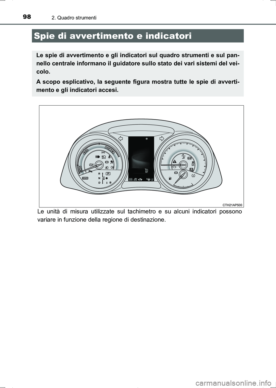 TOYOTA AURIS HYBRID 2017 Manuale duso (in Italian) 98
UK_AURIS_HV_HB_EL (OM12L11L)
2. Quadro strumenti
Le unità di misura utilizzate sul tachimetro e su alcuni indicatori possono
variare in funzione della regione di destinazione.
Spie di avvertimento TOYOTA AURIS HYBRID 2017 Manuale duso (in Italian) 98
UK_AURIS_HV_HB_EL (OM12L11L)
2. Quadro strumenti
Le unità di misura utilizzate sul tachimetro e su alcuni indicatori possono
variare in funzione della regione di destinazione.
Spie di avvertimento