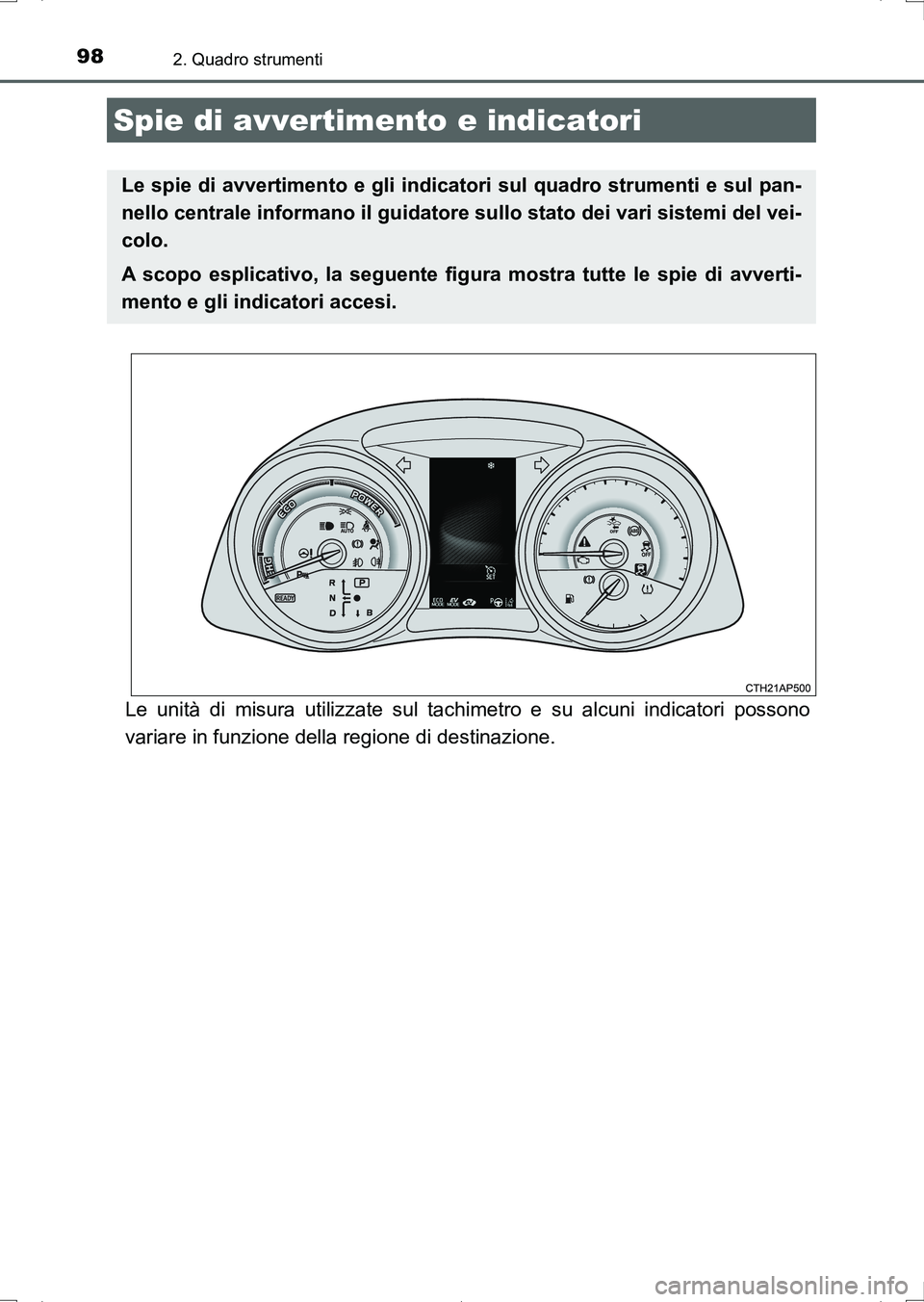 TOYOTA AURIS HYBRID 2017  Manuale duso (in Italian) 98
UK_AURIS_HV_HB_EL (OM12L11L)
2. Quadro strumenti
Le unità di misura utilizzate sul tachimetro e su alcuni indicatori possono
variare in funzione della regione di destinazione.
Spie di avvertimento