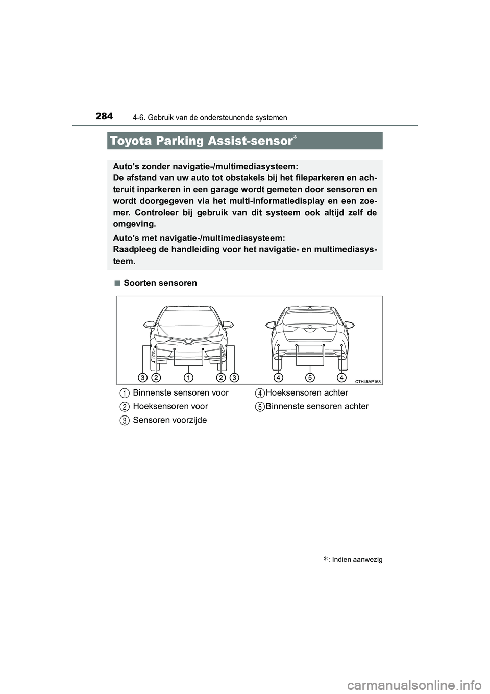 TOYOTA AURIS HYBRID 2017 Instructieboekje (in Dutch) 2844-6. Gebruik van de ondersteunende systemen
UK AURIS_HV_HB_EE (OM12L07E)■
Soorten sensoren
Toyota Parking Assist-sensor∗
∗: Indien aanwezig
Auto's zonder navigatie-/multimediasysteem:
De TOYOTA AURIS HYBRID 2017 Instructieboekje (in Dutch) 2844-6. Gebruik van de ondersteunende systemen
UK AURIS_HV_HB_EE (OM12L07E)■
Soorten sensoren
Toyota Parking Assist-sensor∗
∗: Indien aanwezig
Auto's zonder navigatie-/multimediasysteem:
De