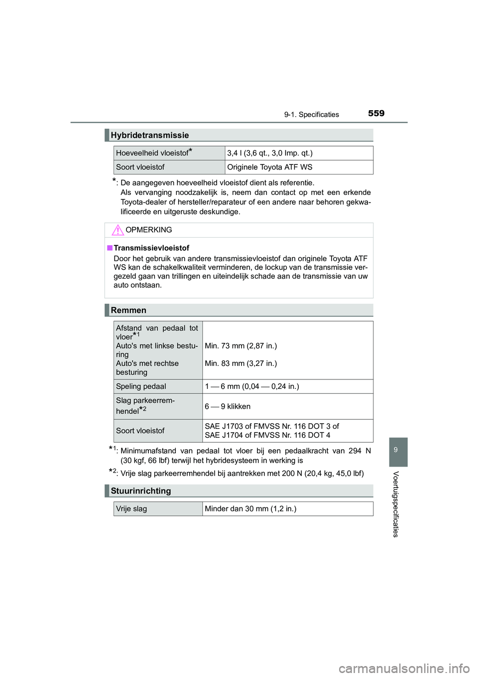 TOYOTA AURIS HYBRID 2017 Instructieboekje (in Dutch) 5599-1. Specificaties
UK AURIS_HV_HB_EE (OM12L07E)
9
Voertuigspecificaties
*: De aangegeven hoeveelheid vloeistof dient als referentie.Als vervanging noodzakelijk is, neem dan contact op met TOYOTA AURIS HYBRID 2017 Instructieboekje (in Dutch) 5599-1. Specificaties
UK AURIS_HV_HB_EE (OM12L07E)
9
Voertuigspecificaties
*: De aangegeven hoeveelheid vloeistof dient als referentie.Als vervanging noodzakelijk is, neem dan contact op met