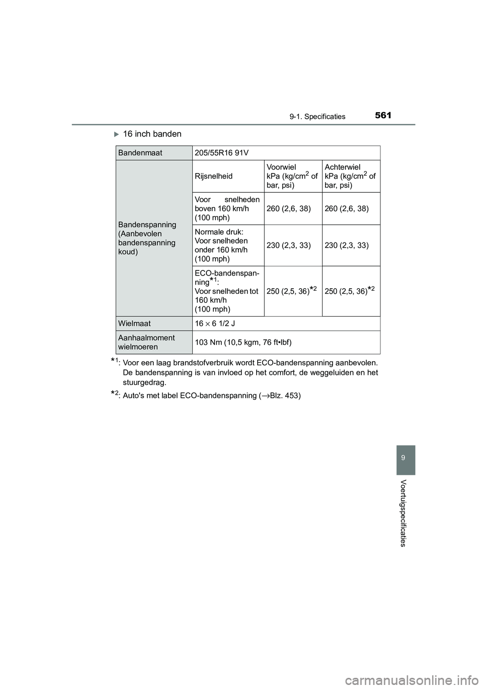 TOYOTA AURIS HYBRID 2017 Instructieboekje (in Dutch) 5619-1. Specificaties
UK AURIS_HV_HB_EE (OM12L07E)
9
Voertuigspecificaties
16 inch banden
*1: Voor een laag brandstofverbruik wordt ECO-bandenspanning aanbevolen.
De bandenspanning is van invloed o TOYOTA AURIS HYBRID 2017 Instructieboekje (in Dutch) 5619-1. Specificaties
UK AURIS_HV_HB_EE (OM12L07E)
9
Voertuigspecificaties
16 inch banden
*1: Voor een laag brandstofverbruik wordt ECO-bandenspanning aanbevolen.
De bandenspanning is van invloed o