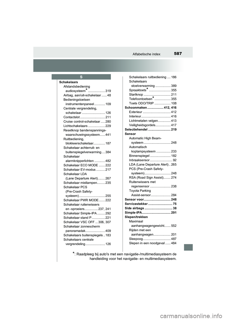 TOYOTA AURIS HYBRID 2017  Instructieboekje (in Dutch) 587Alfabetische index
UK AURIS_HV_HB_EE (OM12L07E)
SchakelaarsAfstandsbediening 
audiosysteem
*................... 319
Airbag, aan/uit-schakelaar ...... 48
Bedieningstoetsen  instrumentenpaneel ......