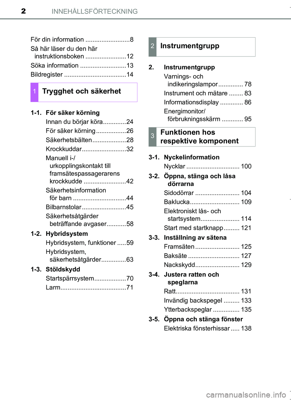 TOYOTA AURIS HYBRID 2017  Bruksanvisningar (in Swedish) INNEHÅLLSFÖRTECKNING2
OM12L07SEFör din information .........................8
Så här läser du den här 
instruktionsboken .......................12
Söka information ..........................13