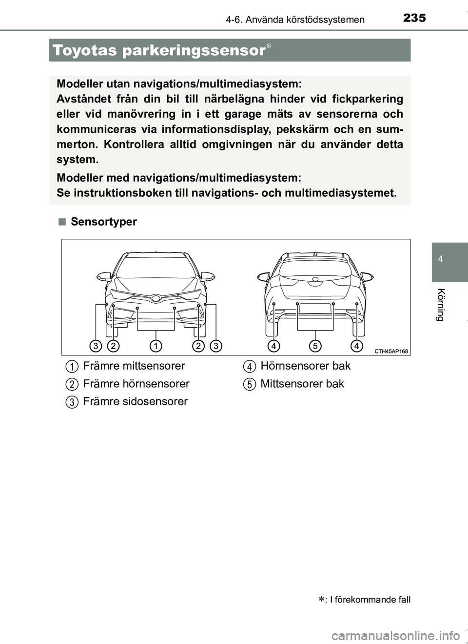 TOYOTA AURIS HYBRID 2017 Bruksanvisningar (in Swedish) 2354-6. Använda körstödssystemen
OM12L07SE
4
Körning
nSensortyper
Toyotas parkeringssensor
: I förekommande fall
Modeller utan navigations/multimediasystem:
Avståndet från din bil till n TOYOTA AURIS HYBRID 2017 Bruksanvisningar (in Swedish) 2354-6. Använda körstödssystemen
OM12L07SE
4
Körning
nSensortyper
Toyotas parkeringssensor
: I förekommande fall
Modeller utan navigations/multimediasystem:
Avståndet från din bil till n