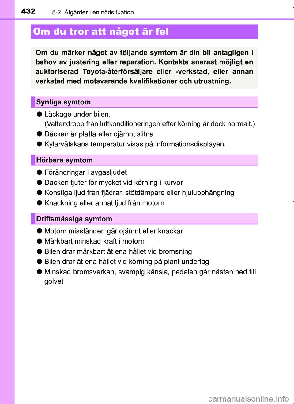 TOYOTA AURIS HYBRID 2017  Bruksanvisningar (in Swedish) 4328-2. Åtgärder i en nödsituation
OM12L07SE
lLäckage under bilen.
(Vattendropp från luftkonditioneringen efter körning är dock normalt.)
l Däcken är platta eller ojämnt slitna
l Kylarvätsk