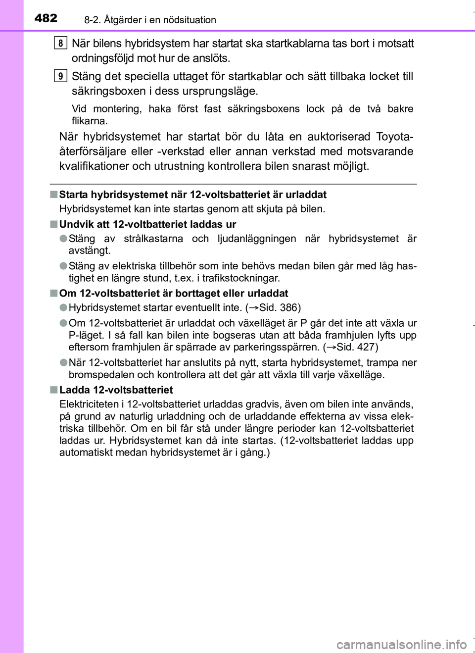 TOYOTA AURIS HYBRID 2017 Bruksanvisningar (in Swedish) 4828-2. Åtgärder i en nödsituation
OM12L07SE
När bilens hybridsystem har startat ska startkablarna tas bort i motsatt
ordningsföljd mot hur de anslöts.
Stäng det speciella uttaget för startkab TOYOTA AURIS HYBRID 2017 Bruksanvisningar (in Swedish) 4828-2. Åtgärder i en nödsituation
OM12L07SE
När bilens hybridsystem har startat ska startkablarna tas bort i motsatt
ordningsföljd mot hur de anslöts.
Stäng det speciella uttaget för startkab