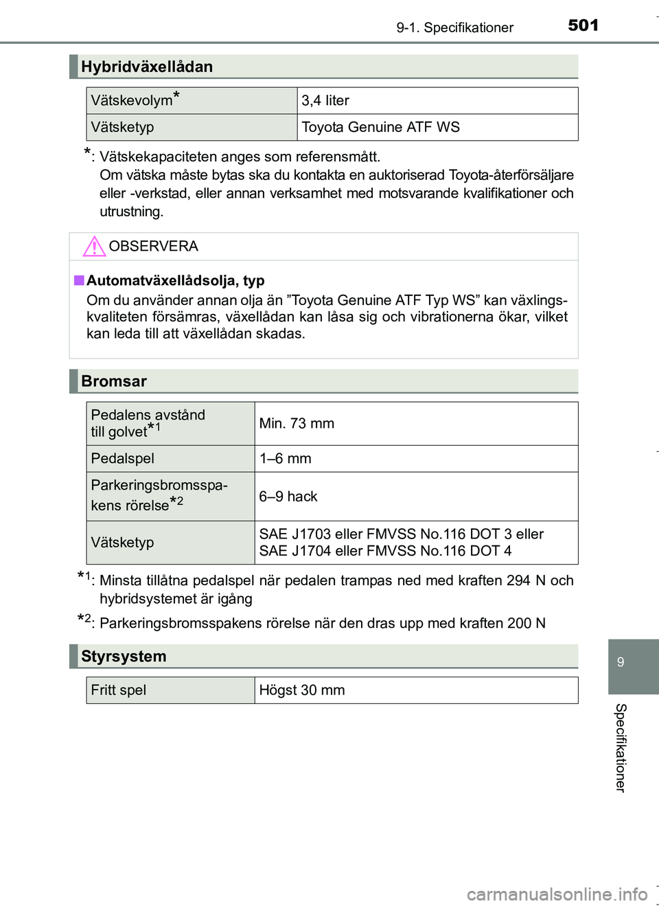 TOYOTA AURIS HYBRID 2017 Bruksanvisningar (in Swedish) 5019-1. Specifikationer
OM12L07SE
9
Specifikationer
*: Vätskekapaciteten anges som referensmått.Om vätska måste bytas ska du kontakta en auktoriserad Toyota-återförsäljare
eller -verkstad, elle TOYOTA AURIS HYBRID 2017 Bruksanvisningar (in Swedish) 5019-1. Specifikationer
OM12L07SE
9
Specifikationer
*: Vätskekapaciteten anges som referensmått.Om vätska måste bytas ska du kontakta en auktoriserad Toyota-återförsäljare
eller -verkstad, elle