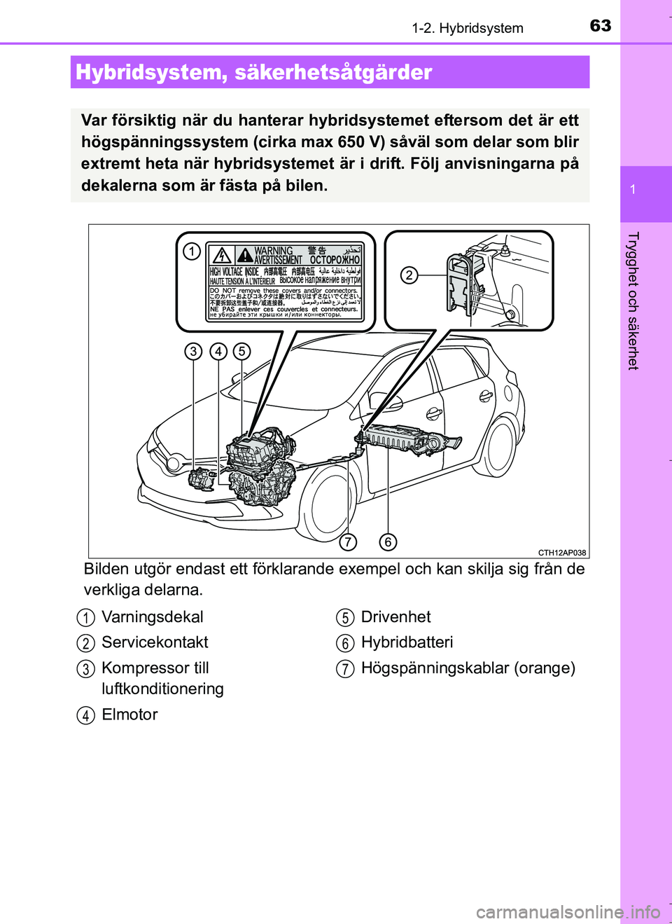 TOYOTA AURIS HYBRID 2017 Bruksanvisningar (in Swedish) 631-2. Hybridsystem
1
Trygghet och säkerhet
OM12L07SE
Bilden utgör endast ett förklarande exempel och kan skilja sig från de
verkliga delarna.
Hybridsystem, säkerhetsåtgärder
Var försiktig nä TOYOTA AURIS HYBRID 2017 Bruksanvisningar (in Swedish) 631-2. Hybridsystem
1
Trygghet och säkerhet
OM12L07SE
Bilden utgör endast ett förklarande exempel och kan skilja sig från de
verkliga delarna.
Hybridsystem, säkerhetsåtgärder
Var försiktig nä