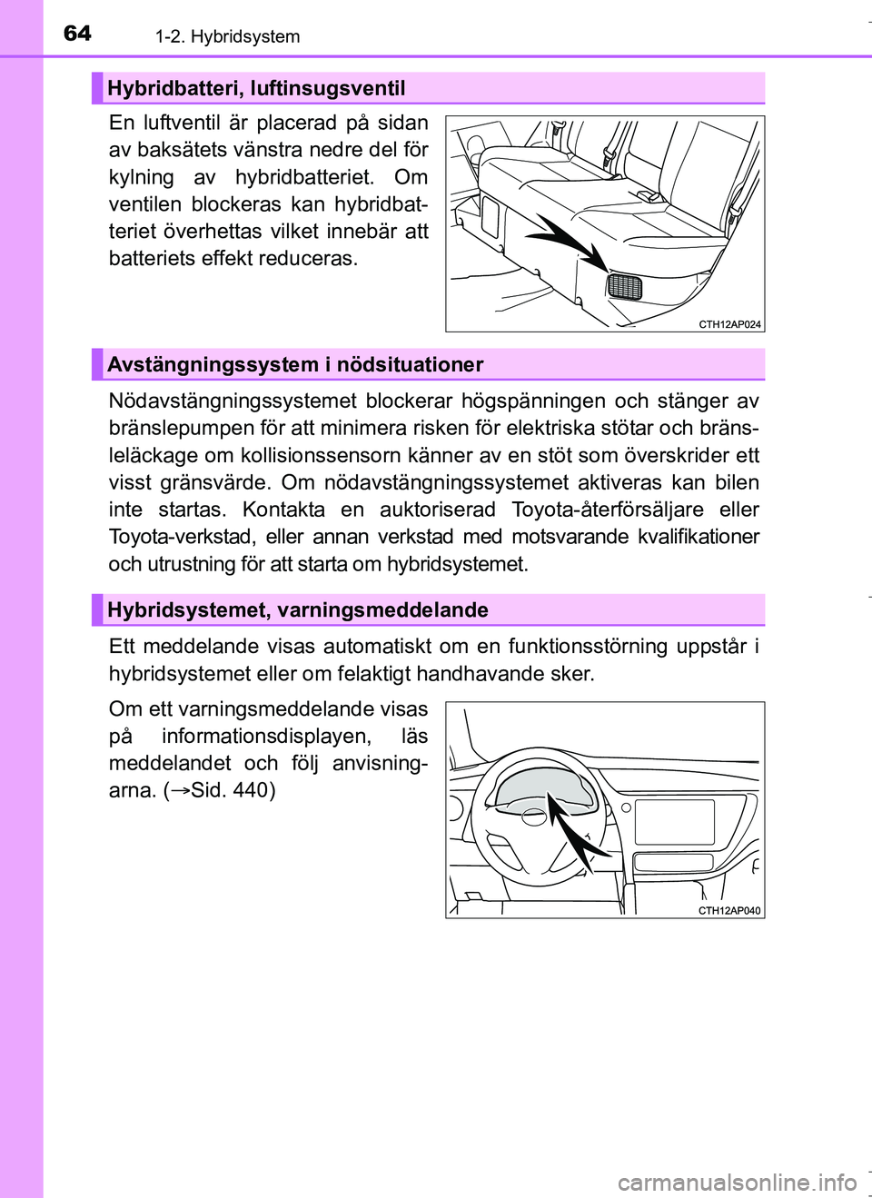 TOYOTA AURIS HYBRID 2017 Bruksanvisningar (in Swedish) 641-2. Hybridsystem
OM12L07SE
En luftventil är placerad på sidan
av baksätets vänstra nedre del för
kylning av hybridbatteriet. Om
ventilen blockeras kan hybridbat-
teriet överhettas vilket inne TOYOTA AURIS HYBRID 2017 Bruksanvisningar (in Swedish) 641-2. Hybridsystem
OM12L07SE
En luftventil är placerad på sidan
av baksätets vänstra nedre del för
kylning av hybridbatteriet. Om
ventilen blockeras kan hybridbat-
teriet överhettas vilket inne