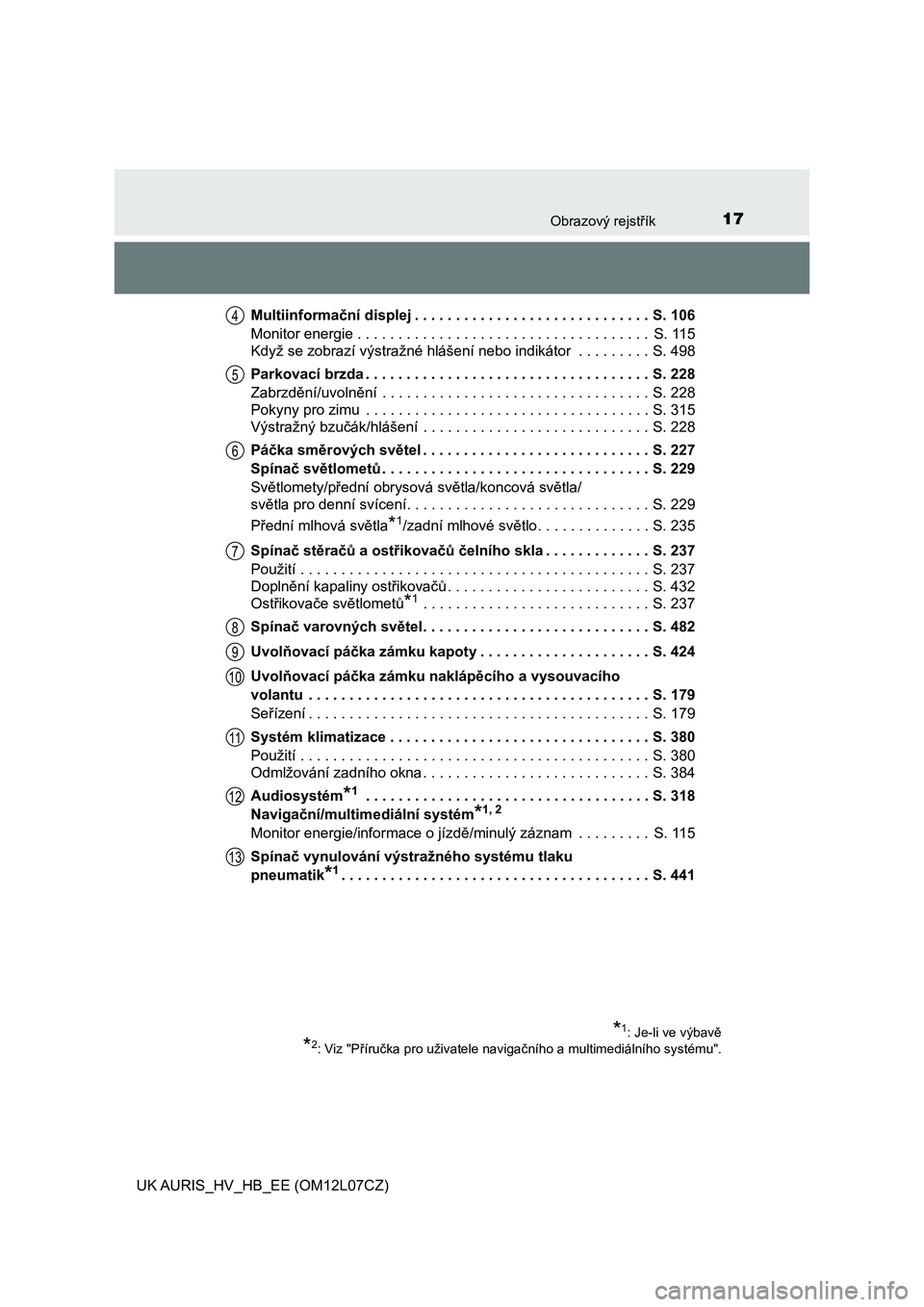 TOYOTA AURIS HYBRID 2017  Návod na použití (in Czech) 17Obrazový rejstřík
UK AURIS_HV_HB_EE (OM12L07CZ)Multiinformační displej . . . . . . . . . . . . . . . . . . . . . . . . . . . . . S. 106
Monitor energie . . . . . . . . . . . . . . . . . . . . .