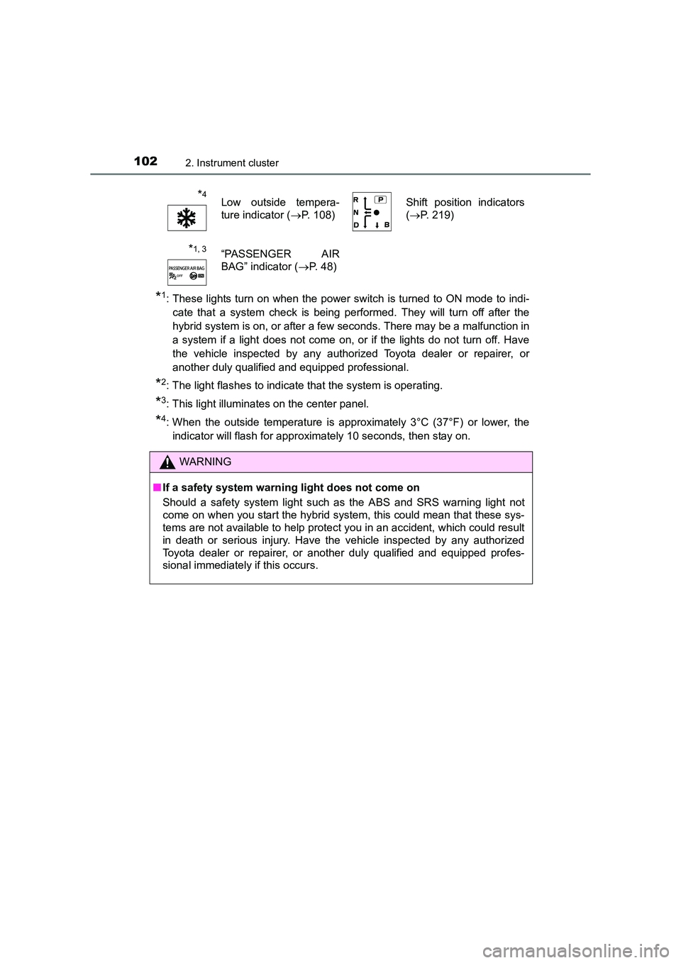 TOYOTA AURIS HYBRID 2016  Owners Manual 1022. Instrument cluster
UK AURIS_HV_HB_EE (OM12K47E)
*1: These lights turn on when the power switch is turned to ON mode to indi-cate that a system check is being performed. They will turn off after 