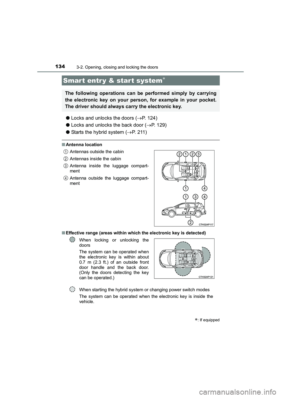 TOYOTA AURIS HYBRID 2016 Owners Manual 1343-2. Opening, closing and locking the doors
UK AURIS_HV_HB_EE (OM12K47E)
●Locks and unlocks the doors ( →P. 124)
● Locks and unlocks the back door ( →P. 129)
● Starts the hybrid system ( TOYOTA AURIS HYBRID 2016 Owners Manual 1343-2. Opening, closing and locking the doors
UK AURIS_HV_HB_EE (OM12K47E)
●Locks and unlocks the doors ( →P. 124)
● Locks and unlocks the back door ( →P. 129)
● Starts the hybrid system (