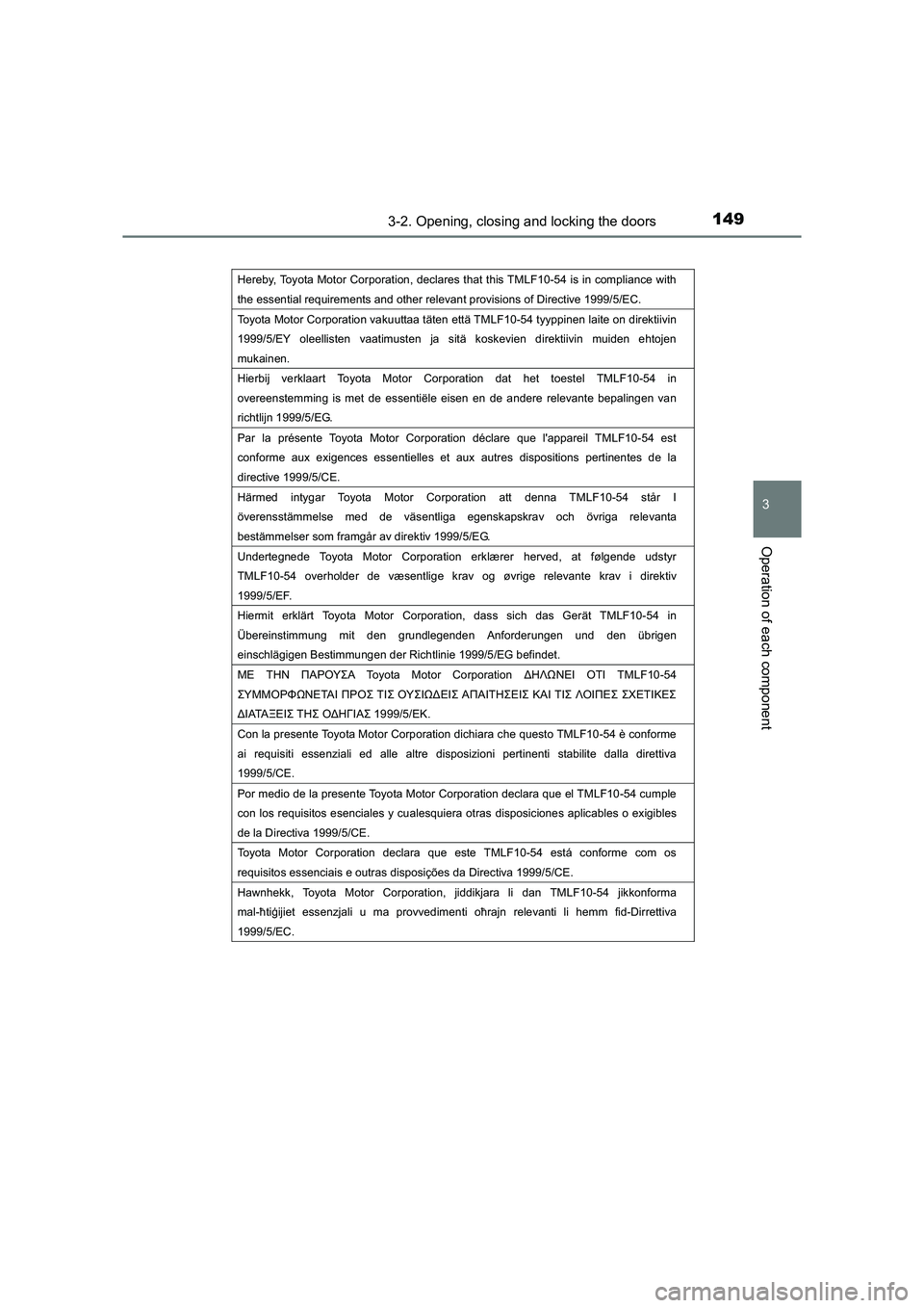 TOYOTA AURIS HYBRID 2016  Owners Manual 1493-2. Opening, closing and locking the doors
UK AURIS_HV_HB_EE (OM12K47E)
3
Operation of each component
Hereby, Toyota Motor Corporation, declares that this TMLF10-54 is in compliance with 
the esse