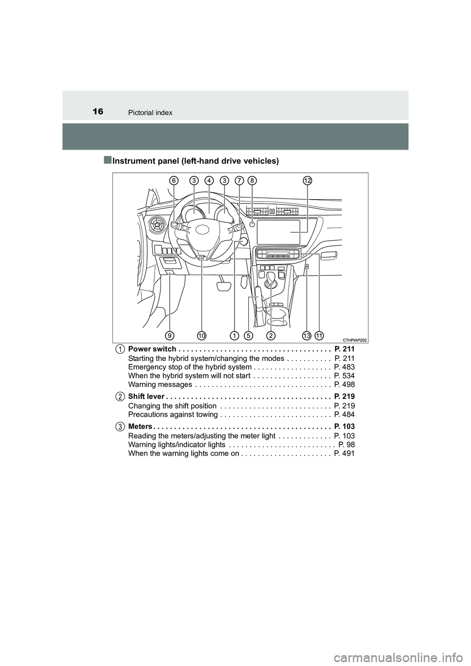 TOYOTA AURIS HYBRID 2016 User Guide 16Pictorial index
UK AURIS_HV_HB_EE (OM12K47E)
■Instrument panel (left-hand drive vehicles)
Power switch . . . . . . . . . . . . . . . . . . . . . . . . . . . . . . . . . . . . .  P. 211
Starting th