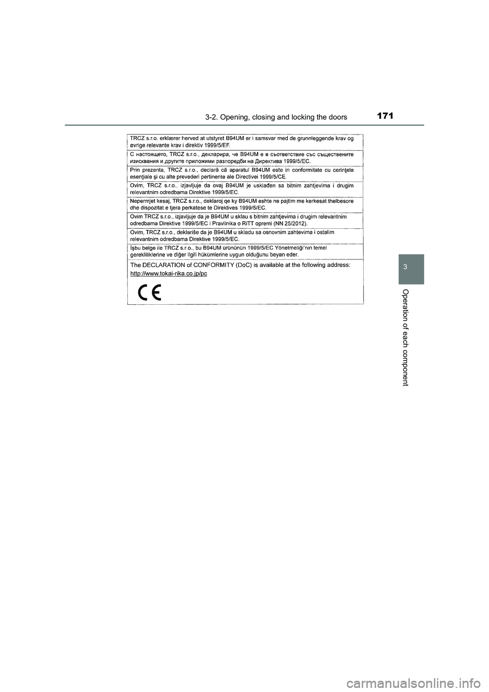 TOYOTA AURIS HYBRID 2016  Owners Manual 1713-2. Opening, closing and locking the doors
UK AURIS_HV_HB_EE (OM12K47E)
3
Operation of each component 