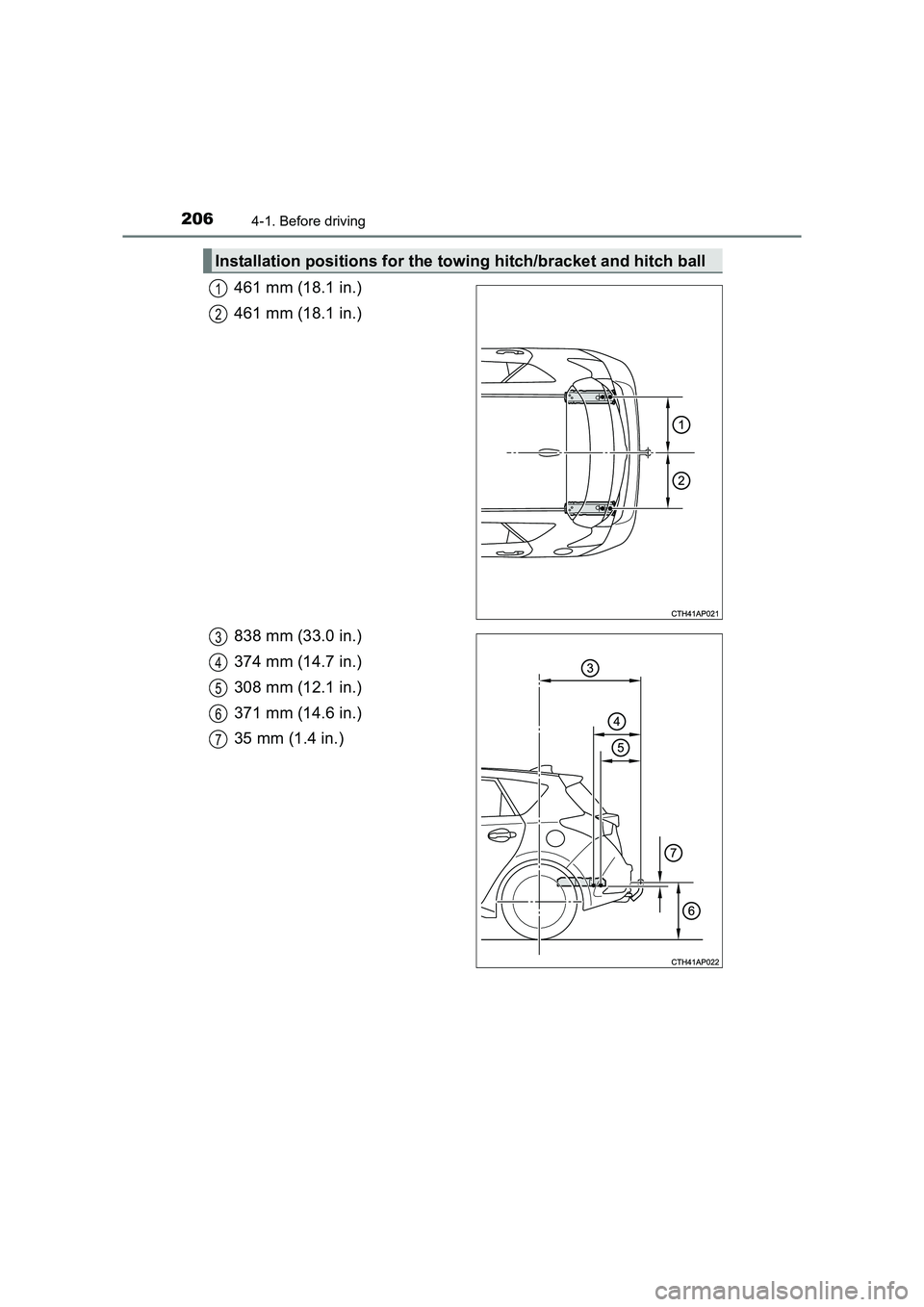 TOYOTA AURIS HYBRID 2016 Owners Manual 2064-1. Before driving
UK AURIS_HV_HB_EE (OM12K47E)
461 mm (18.1 in.)
461 mm (18.1 in.)
838 mm (33.0 in.)
374 mm (14.7 in.)
308 mm (12.1 in.)
371 mm (14.6 in.)
35 mm (1.4 in.)
Installation positions f TOYOTA AURIS HYBRID 2016 Owners Manual 2064-1. Before driving
UK AURIS_HV_HB_EE (OM12K47E)
461 mm (18.1 in.)
461 mm (18.1 in.)
838 mm (33.0 in.)
374 mm (14.7 in.)
308 mm (12.1 in.)
371 mm (14.6 in.)
35 mm (1.4 in.)
Installation positions f