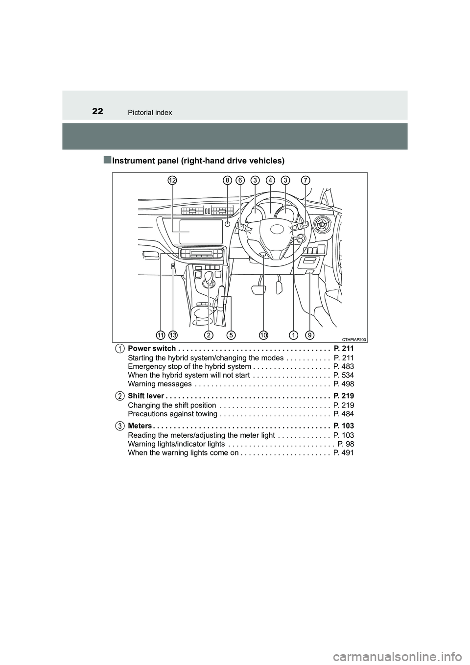 TOYOTA AURIS HYBRID 2016 Owners Manual 22Pictorial index
UK AURIS_HV_HB_EE (OM12K47E)
■Instrument panel (right-hand drive vehicles)
Power switch . . . . . . . . . . . . . . . . . . . . . . . . . . . . . . . . . . . . .  P. 211
Starting t