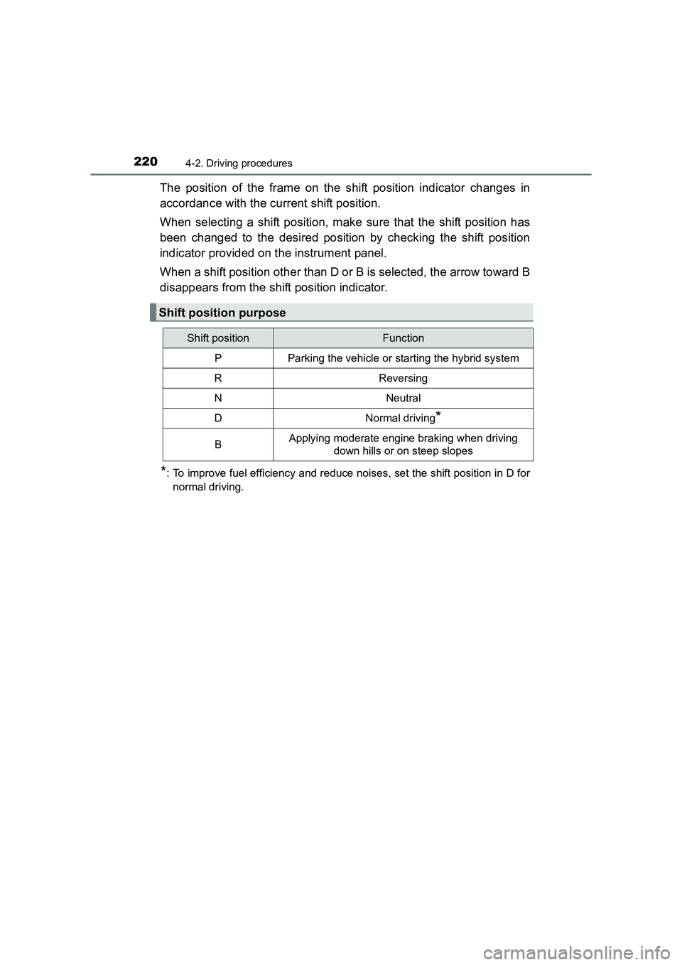 TOYOTA AURIS HYBRID 2016 Owners Manual 2204-2. Driving procedures
UK AURIS_HV_HB_EE (OM12K47E)
The position of the frame on the shift position indicator changes in
accordance with the current shift position.
When selecting a shift position TOYOTA AURIS HYBRID 2016 Owners Manual 2204-2. Driving procedures
UK AURIS_HV_HB_EE (OM12K47E)
The position of the frame on the shift position indicator changes in
accordance with the current shift position.
When selecting a shift position