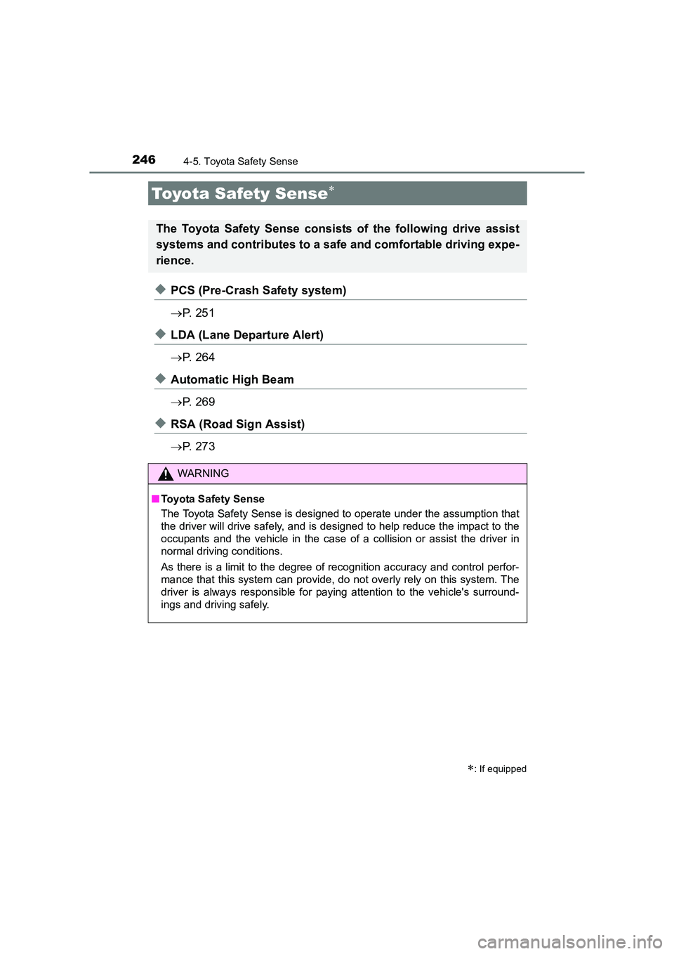 TOYOTA AURIS HYBRID 2016 Owners Manual 246
UK AURIS_HV_HB_EE (OM12K47E)
4-5. Toyota Safety Sense
◆PCS (Pre-Crash Safety system)
→P. 2 5 1
◆LDA (Lane Departure Alert)
→P. 2 6 4
◆Automatic High Beam
→P. 2 6 9
◆RSA (Road Sign TOYOTA AURIS HYBRID 2016 Owners Manual 246
UK AURIS_HV_HB_EE (OM12K47E)
4-5. Toyota Safety Sense
◆PCS (Pre-Crash Safety system)
→P. 2 5 1
◆LDA (Lane Departure Alert)
→P. 2 6 4
◆Automatic High Beam
→P. 2 6 9
◆RSA (Road Sign