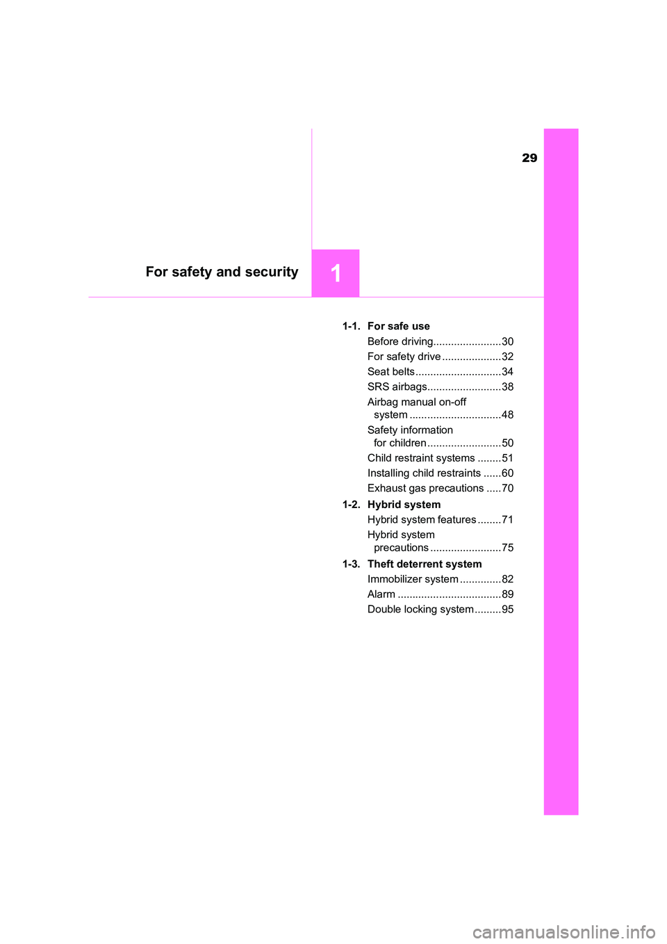 TOYOTA AURIS HYBRID 2016 Owners Manual 29
1For safety and security
UK AURIS_HV_HB_EE (OM12K47E)1-1. For safe use
Before driving....................... 30
For safety drive .................... 32
Seat belts ............................. 34
