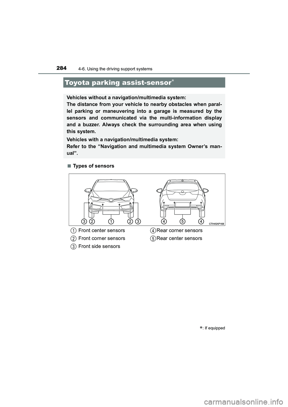 TOYOTA AURIS HYBRID 2016 Service Manual 2844-6. Using the driving support systems
UK AURIS_HV_HB_EE (OM12K47E)■
Types of sensors
Toyota parking assist-sensor∗
∗: If equipped
Vehicles without a navigation/multimedia system:
The distan TOYOTA AURIS HYBRID 2016 Service Manual 2844-6. Using the driving support systems
UK AURIS_HV_HB_EE (OM12K47E)■
Types of sensors
Toyota parking assist-sensor∗
∗: If equipped
Vehicles without a navigation/multimedia system:
The distan