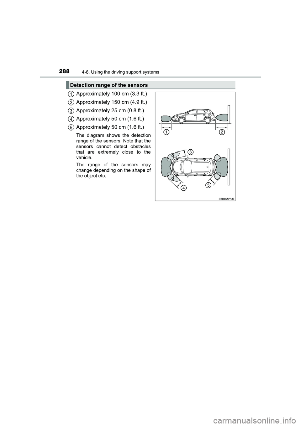 TOYOTA AURIS HYBRID 2016 Service Manual 2884-6. Using the driving support systems
UK AURIS_HV_HB_EE (OM12K47E)
Approximately 100 cm (3.3 ft.)
Approximately 150 cm (4.9 ft.)
Approximately 25 cm (0.8 ft.)
Approximately 50 cm (1.6 ft.)
Approxi TOYOTA AURIS HYBRID 2016 Service Manual 2884-6. Using the driving support systems
UK AURIS_HV_HB_EE (OM12K47E)
Approximately 100 cm (3.3 ft.)
Approximately 150 cm (4.9 ft.)
Approximately 25 cm (0.8 ft.)
Approximately 50 cm (1.6 ft.)
Approxi
