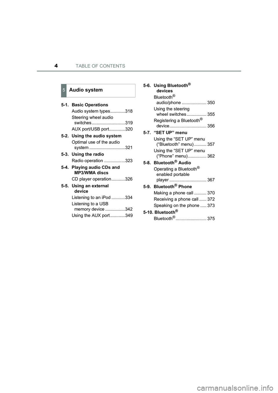 TOYOTA AURIS HYBRID 2016 Owners Manual TABLE OF CONTENTS4
UK AURIS_HV_HB_EE (OM12K47E)5-1. Basic Operations
Audio system types............318
Steering wheel audio switches ...........................319
AUX port/USB port.............320
5- TOYOTA AURIS HYBRID 2016 Owners Manual TABLE OF CONTENTS4
UK AURIS_HV_HB_EE (OM12K47E)5-1. Basic Operations
Audio system types............318
Steering wheel audio switches ...........................319
AUX port/USB port.............320
5-