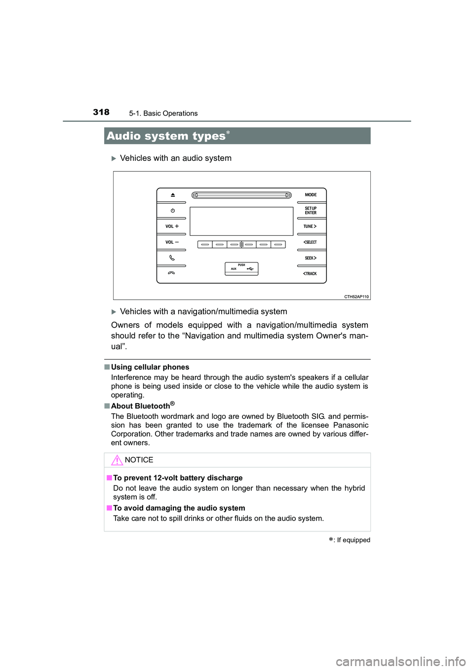 TOYOTA AURIS HYBRID 2016  Owners Manual 318
UK AURIS_HV_HB_EE (OM12K47E)
5-1. Basic Operations
�XVehicles with an audio system
�XVehicles with a navigation/multimedia system
Owners of models equipped with a navigation/multimedia system
shou