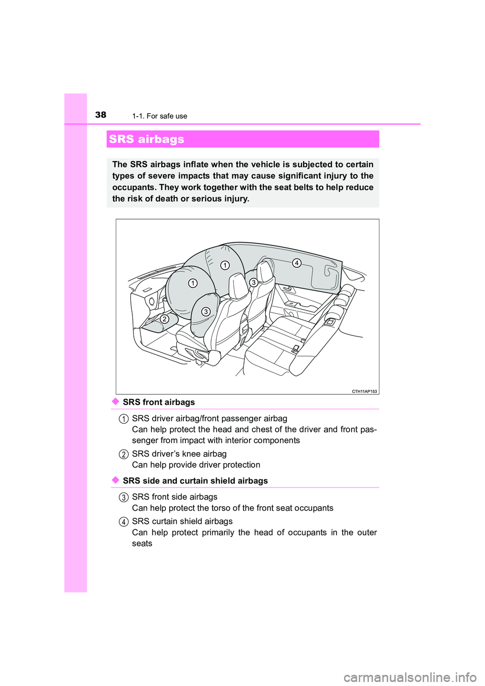TOYOTA AURIS HYBRID 2016 Owners Guide 381-1. For safe use
UK AURIS_HV_HB_EE (OM12K47E)
◆SRS front airbagsSRS driver airbag/front passenger airbag
Can help protect the head and chest of the driver and front pas-
senger from impact with i