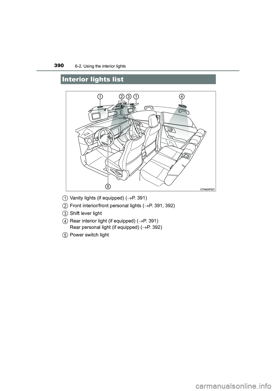 TOYOTA AURIS HYBRID 2016  Owners Manual 390
UK AURIS_HV_HB_EE (OM12K47E)
6-2. Using the interior lights
Vanity lights (if equipped) (→P. 391)
Front interior/front personal lights ( →P. 391, 392)
Shift lever light
Rear interior light (if