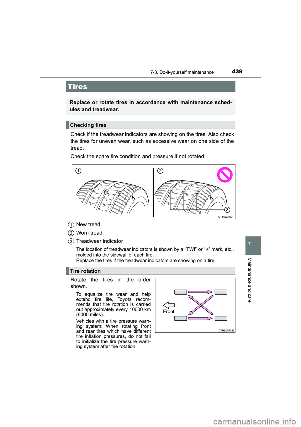 TOYOTA AURIS HYBRID 2016  Owners Manual 4397-3. Do-it-yourself maintenance
UK AURIS_HV_HB_EE (OM12K47E)
7
Maintenance and care
Check if the treadwear indicators are showing on the tires. Also check
the tires for uneven wear, such as excessi