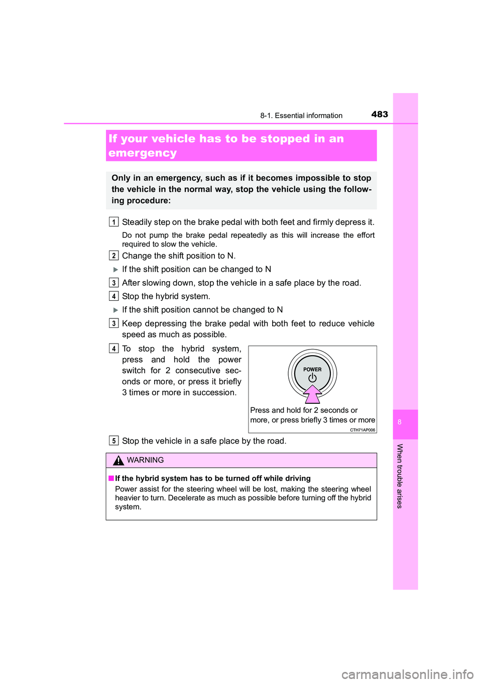 TOYOTA AURIS HYBRID 2016 Owners Manual 4838-1. Essential information
UK AURIS_HV_HB_EE (OM12K47E)
8
When trouble arises
Steadily step on the brake pedal with both feet and firmly depress it.
Do not pump the brake pedal repeatedly as this w TOYOTA AURIS HYBRID 2016 Owners Manual 4838-1. Essential information
UK AURIS_HV_HB_EE (OM12K47E)
8
When trouble arises
Steadily step on the brake pedal with both feet and firmly depress it.
Do not pump the brake pedal repeatedly as this w